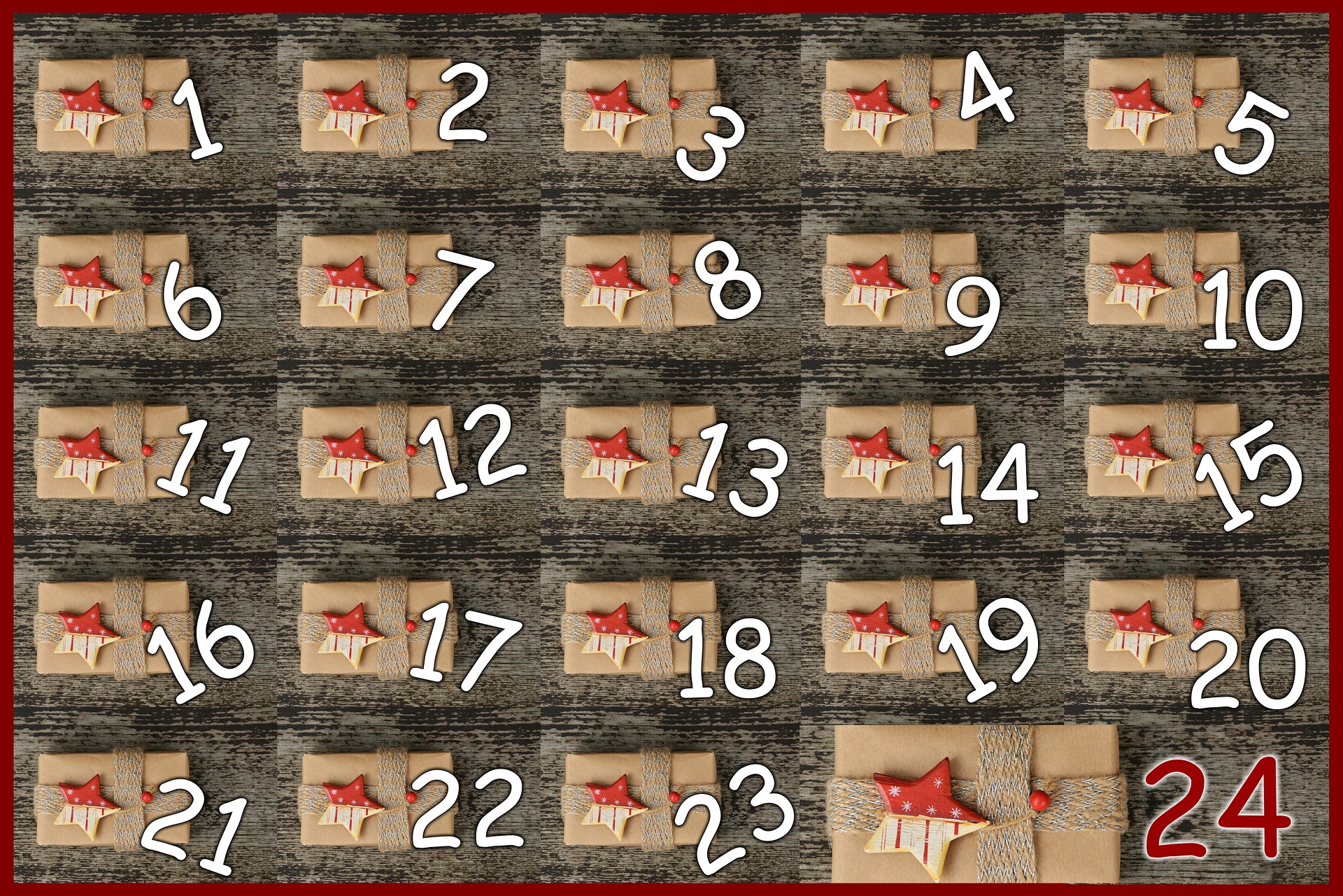 De 24 pakketjes kunnen gevuld worden met hondensnoepjes of speelgoed om een eigen adventskalender te maken.